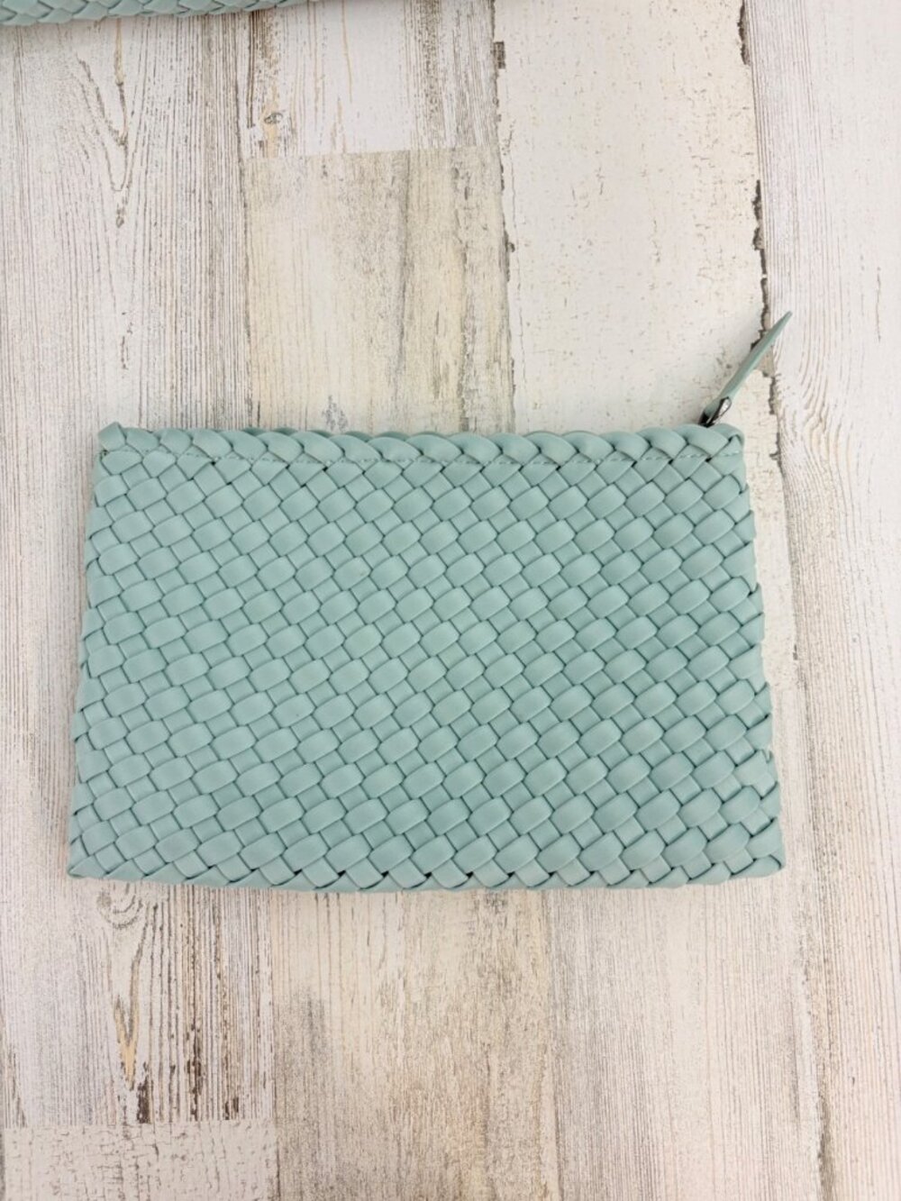 Naghedi St Barths Medium Tote Aqua Green Woven Neoprene with Pouch - Picture 3 of 16